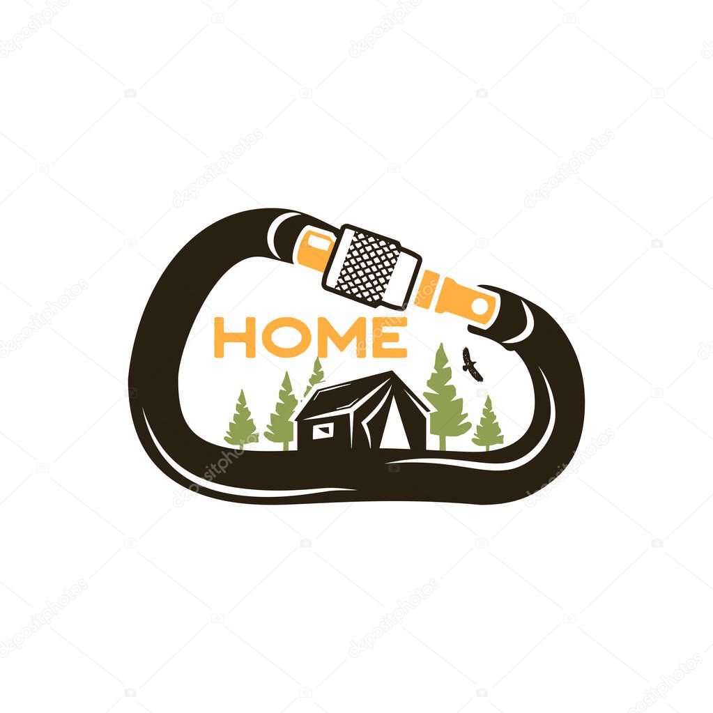 Camping Wildlife Badge. Mountain climbing and forest adventure emblem in silhouette retro style. Featuring tent, trees and eagle inside the carabiner. Stock vector hiking logo isolated on white.