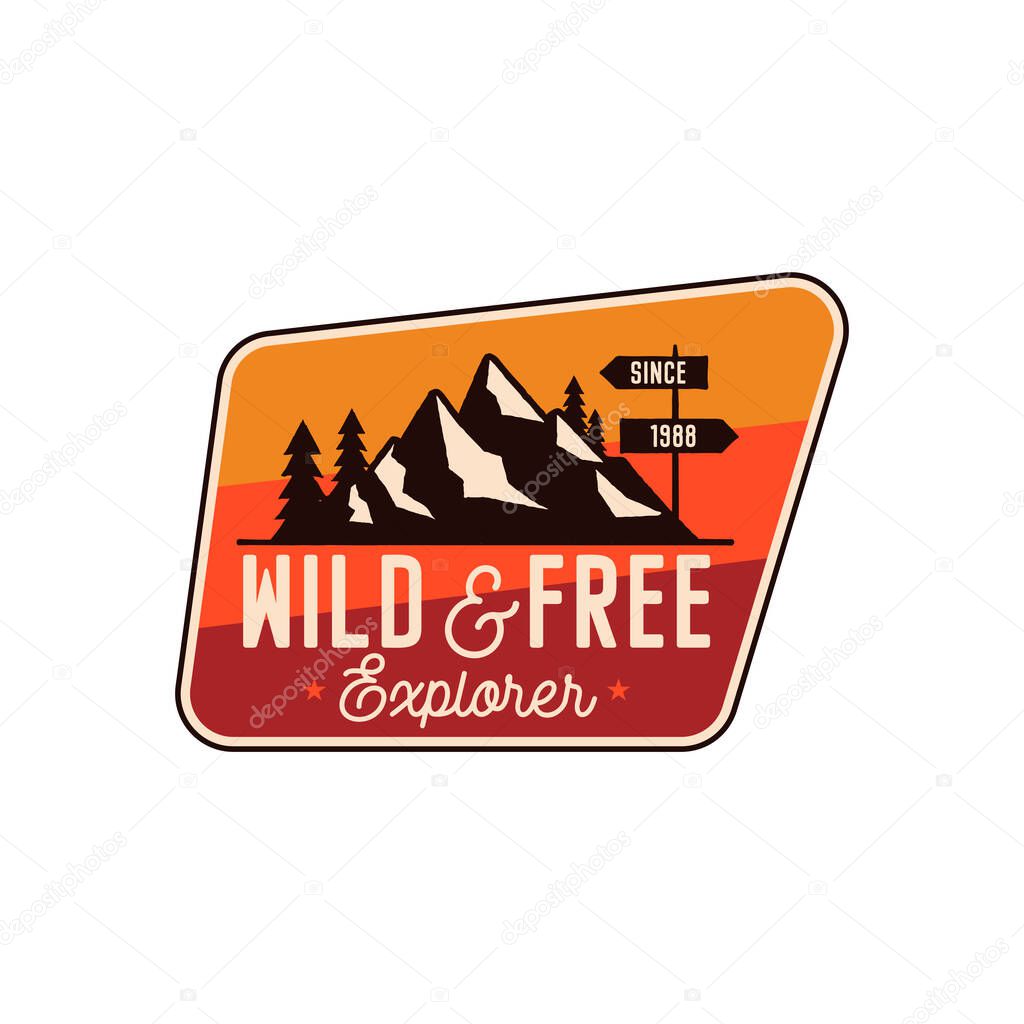 Camping Badge, adventure patch - wild and free explorer quote. Moutnain travel logo. Retro emblem. Stock vector hiking label isolated on white background.