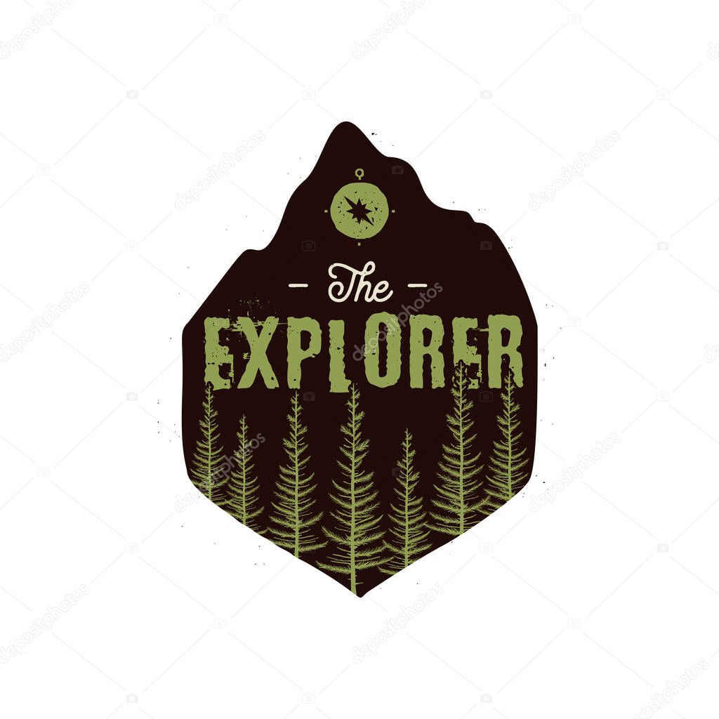 Camping Wildlife Badge. The Explorer Logo. Mountain adventure emblem in silhouette retro style. Featuring pine forest and text. Travel patch. Stock vector hiking label isolated on white background.