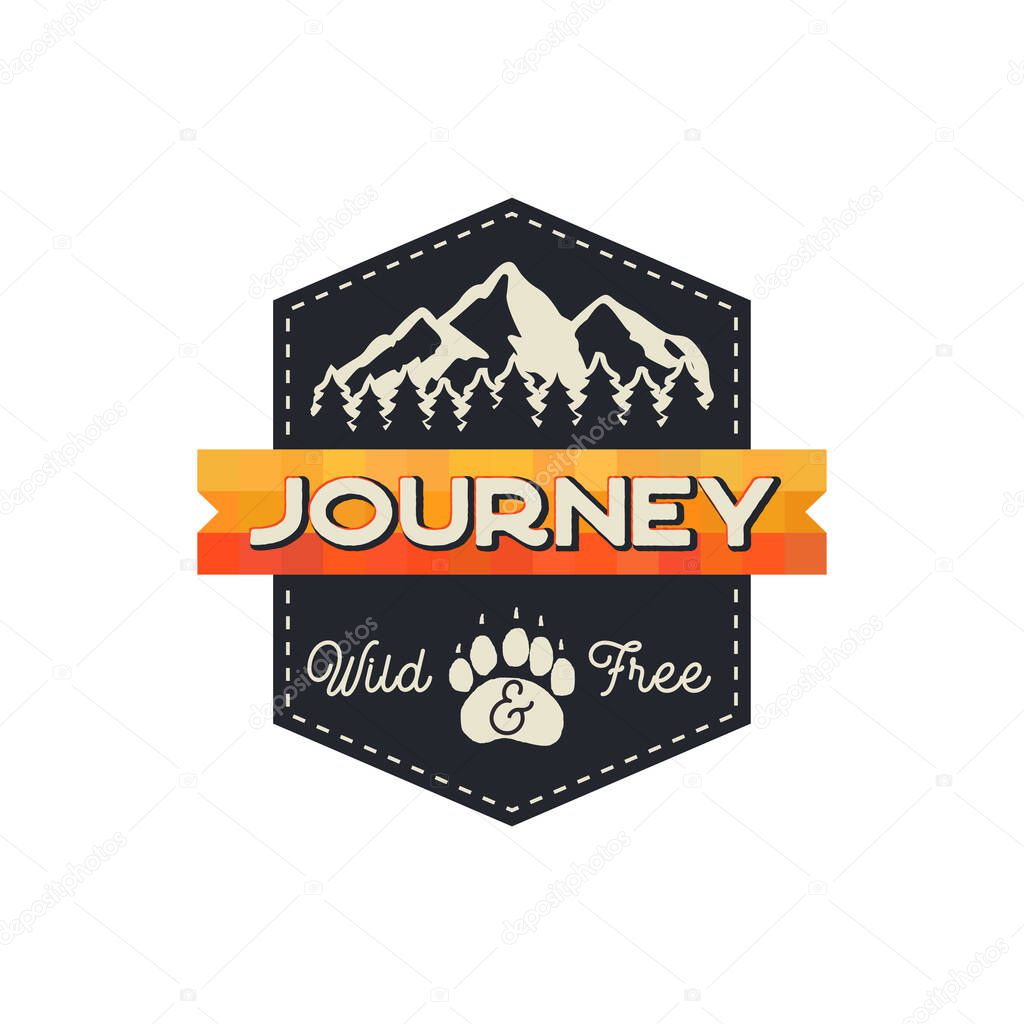 Moutnain Journey Badge. Wild and Free Logo. Camping adventure emblem in retro style. Featuring mountains and forest. Stock vector hiking label isolated on white background.