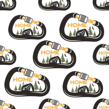 Karabina, çadır, kartal ve ormanlı kamp desenleri. Doğa benim kusursuz geçmişim. Alışılmadık karikatür sıkıntılı bir tarz. Tee ve diğer parmak izleri için iyi. Stok vektörü izole edildi.