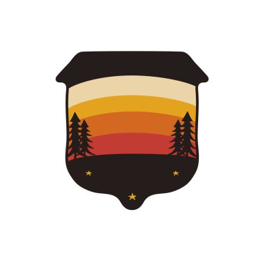 Klasik el yapımı yaban hayatı logo yaması şablonu. Eski tarz açık hava kamp amblemi. Parmak izi için geçmişe dönük. Stok vektör çizimi izole edildi.