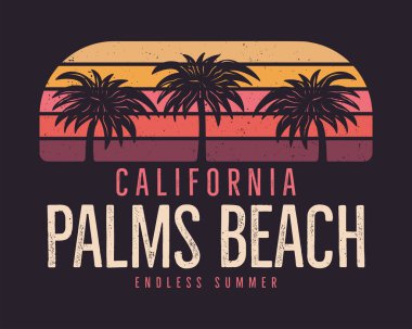 Kaliforniya Palmiye Sahili T-Shirt grafiği, parmak izleri. 90 'ların klasik el amblemi. Geçmişe yolculuk sahnesi, alışılmadık bir rozet. Sörf Macerası Etiketi. Stok vektörü.