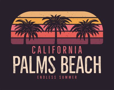Kaliforniya Palmiye Sahili T-Shirt grafiği, parmak izleri. 90 'ların klasik el amblemi. Geçmişe yolculuk sahnesi, alışılmadık bir rozet. Sörf Macerası Etiketi. Stok vektörü
