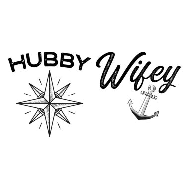 Tişört, logo ya da rozet için deniz tarzı klasik baskı tasarımları. Rüzgar gülü pusula ve çapalı koca ve eş tipografisi. Deniz amblemi, deniz ve okyanus tarzı tişört. Stok vektör illüstrasyonu