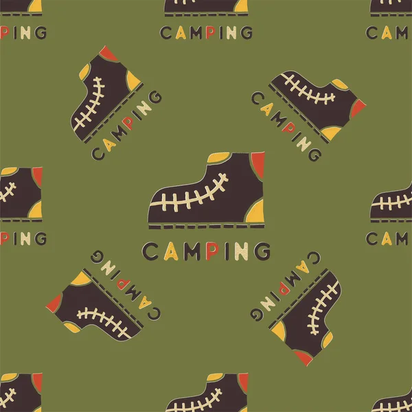 Camping Pattern Design Outdoors Adventure Seamless Background Camp Boots Unusual — Stock Vector