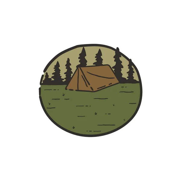 Vintage Hand Drawn Camping Scene Logo Patch Forest Landscape Tent — Stock Vector