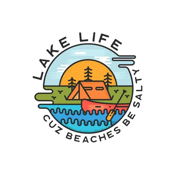Lake Life Logo Tasarımı. Modern Sıvı Dinamik Tarzı. Seyahat macera rozeti yaması, tırnak içinde, çünkü plajlar tuzlu olur. Parmak izi tişörtü için komik bir kamp amblemi etiketi. Stok vektörünü ayır.