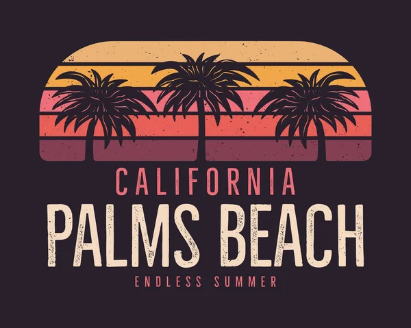 California Palms Beach Graphic pro tričko, otisky. Ročník ručně kreslený styl 90. let emblém. Retro letní putovní scéna, neobvyklý odznak. Surfing Adventure Label. Skladový vektor. — Stockový vektor