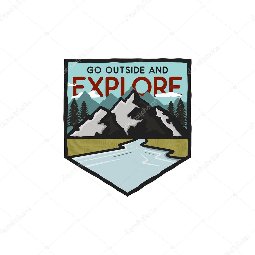 Vintage hand drawn adventure logo with mountains, river and quote - Go outside and explore. Old style outdoors adventure patch. Retro emblem graphic. Stock vector isolated.