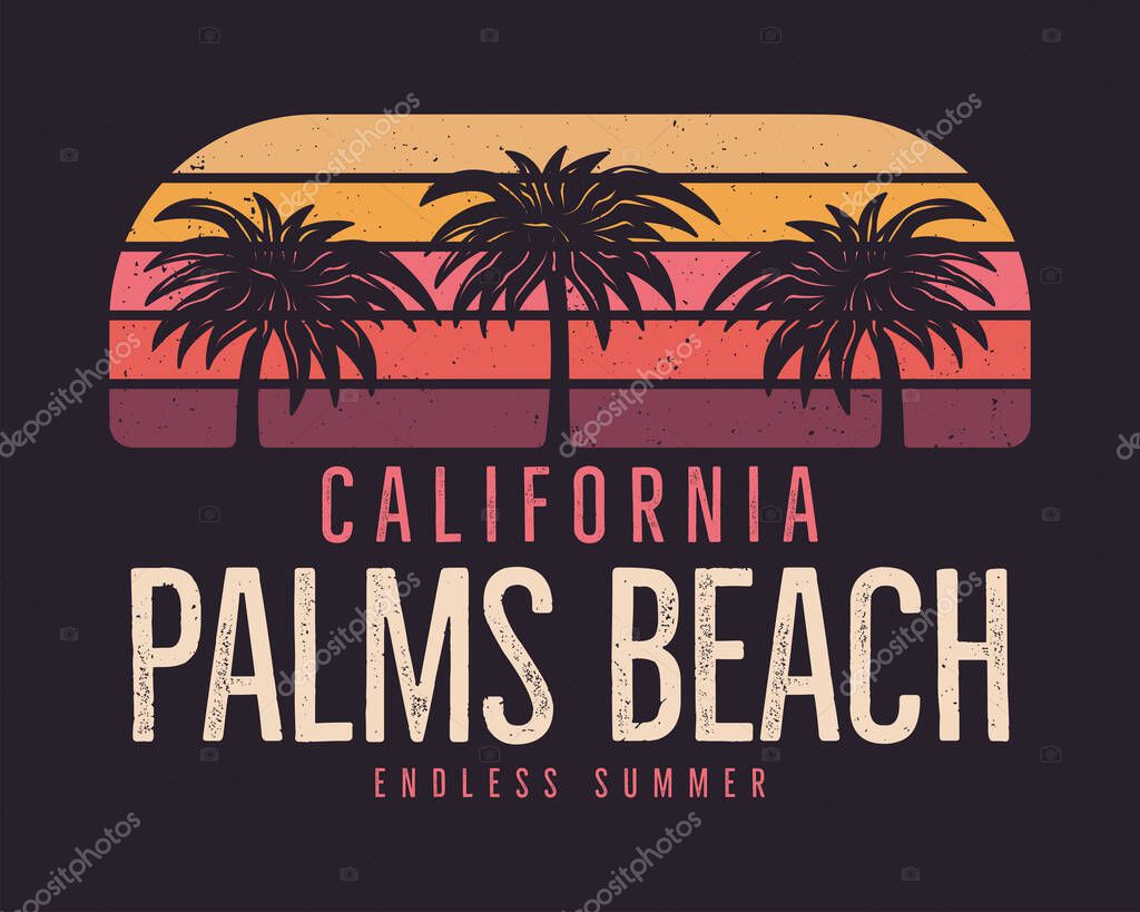 California Palms Beach Graphic for T-Shirt, prints. Vintage hand drawn 90s style emblem. Retro summer travel scene, unusual badge. Surfing Adventure Label. Stock vector