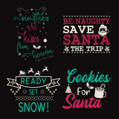 Noel el yazısı alıntıları ayarlandı. Xmas dekorasyonu, kartlar, tişörtler, kupalar, kelimelerin ve tatil unsurlarının olduğu diğer baskılar için renkli tipografi tasarımları. Stok vektör harf şablonları.