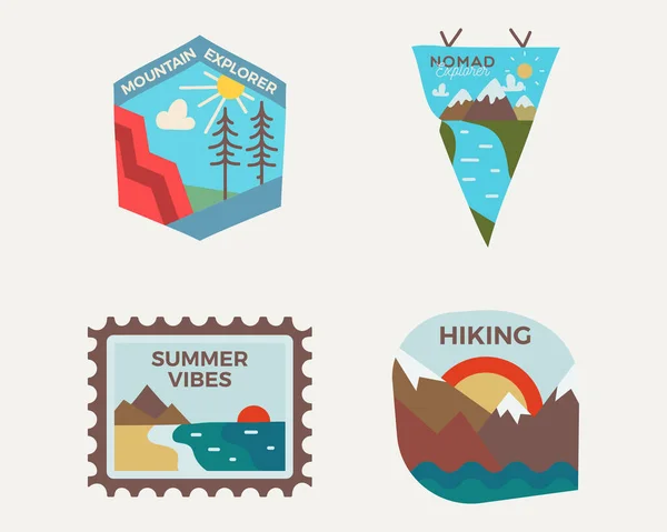 Conjunto Logotipos Insignias Aventura Camping Emblemas Viaje Verano Vintage Pegatinas — Vector de stock