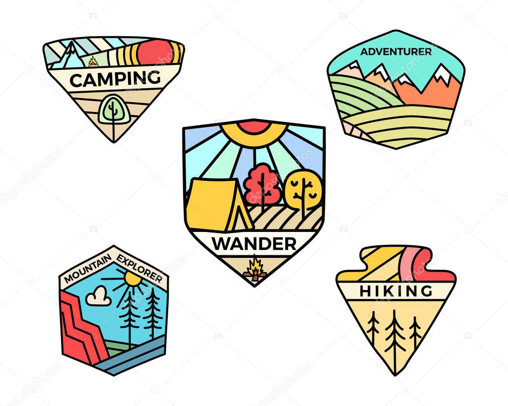 Camping adventure badges logos set, Vintage summer travel emblems. Hand drawn stickers designs bundle. Mountain explorer labels. Outdoor camper line art insignias. Logotypes collection. Stock vector