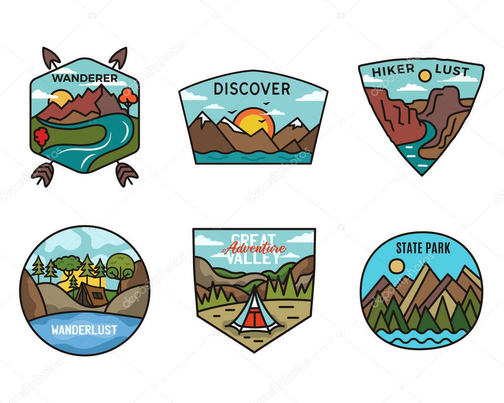 Camping adventure badges logos set, Vintage travel emblems. Hand drawn stickers designs bundle. Discover, hiker lust, scouts labels. Outdoor camper insignias. Logotypes collection. Stock vector