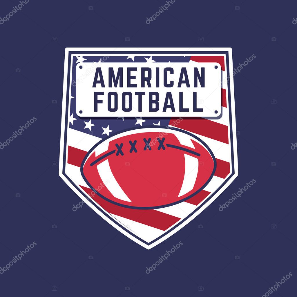 American football logo template, fantasy league label, sports emblem with ball element and american flag. Stock vector badge sticker.