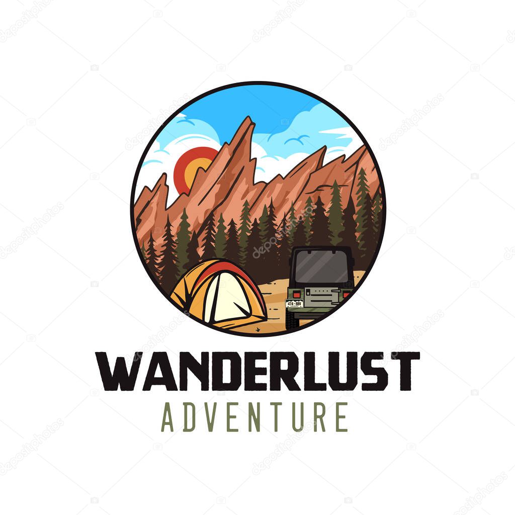 Wanderlust adventure logo, retro camping emblem design with mountains, tent and RV. Unusual vintage art style sticker. Stock vector label.