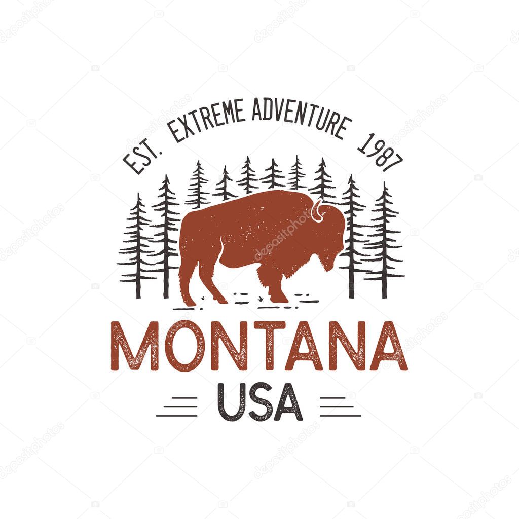 Montana USA logo template, retro national park adventure emblem design with bison buffalo and trees head. Unusual vintage art style sticker. Stock vector label.