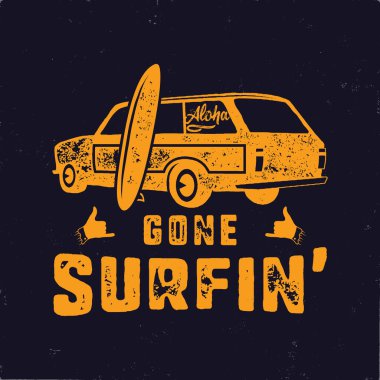 Vintage hand drawn summer T-Shirt. Gone surfing with surf old car, van and shaka sign. Perfect for tee, mug or any other prints. Stock vector illustration. clipart