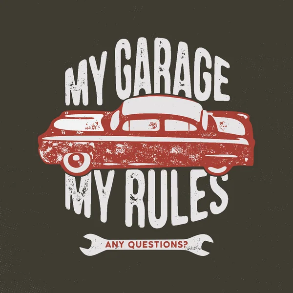 Mitt Garage Min Regler Vintage Handritad Illustration Emblem För Shirt — Stock vektor