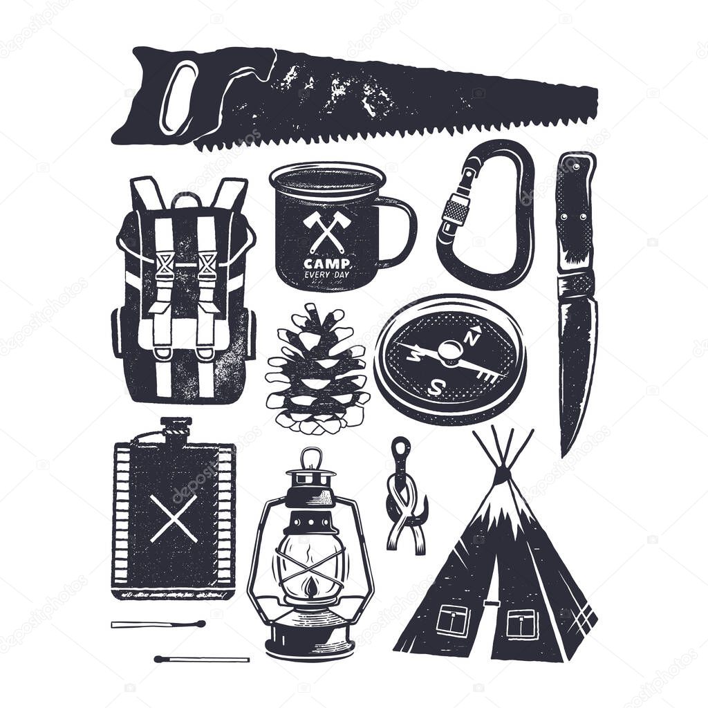 Vintage hand drawn camping symbols. Hiking icons in retro monochrome style. Silhouette mountain adventure elements. Perfect for logo creation, infographics. Stock vector.
