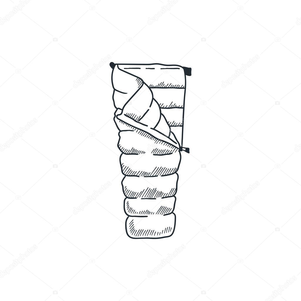 Sleeping black bag icon. Line art hiking equipment pictogram. Isolated on white background.