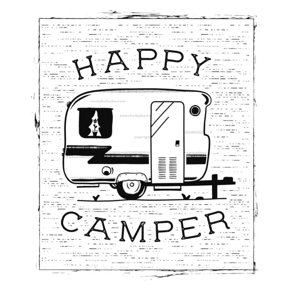 Loisirs Mobiles Remorque Happy Camper Dans Style Silhouette Croquis Vintage — Image vectorielle