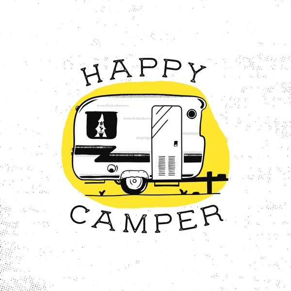 Mobile Recreation Happy Camper Trailer Sketch Silhouette Style Vintage Hand — Stock Vector