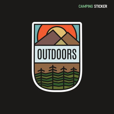 Camping adventure sticker design. Travel hand drawn patch. Outdoors line art label. Stock vector. clipart
