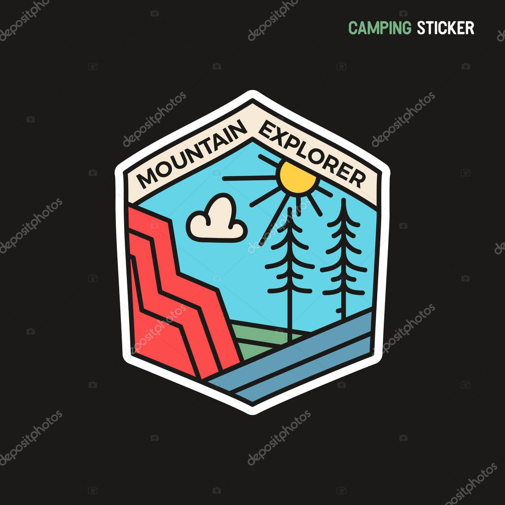Camping adventure sticker design. Travel hand drawn patch. Mountain explorer label isolated. Stock vector.