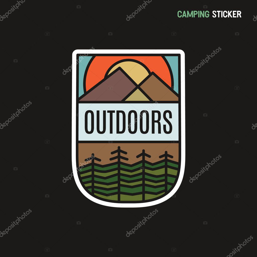 Camping adventure sticker design. Travel hand drawn patch. Outdoors line art label. Stock vector