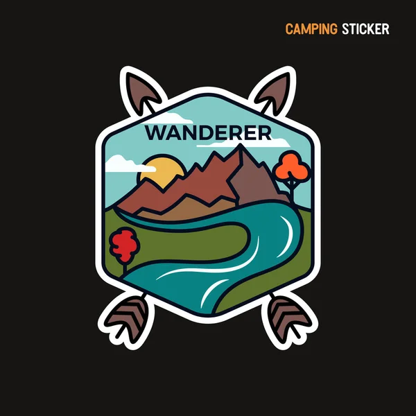 Autocollant camping aventure design. Emblème de logo dessiné à la main. Label de parc national isolé. Vecteur de stock Wanderer graphiques — Image vectorielle