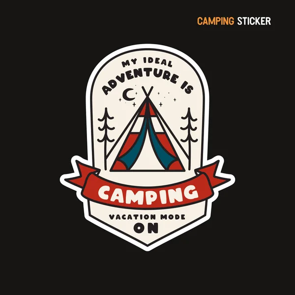 Camping aventura diseño de pegatina. Emblema del logotipo dibujado a mano. Ilustración de etiqueta de tienda. Gráficos vectoriales — Vector de stock