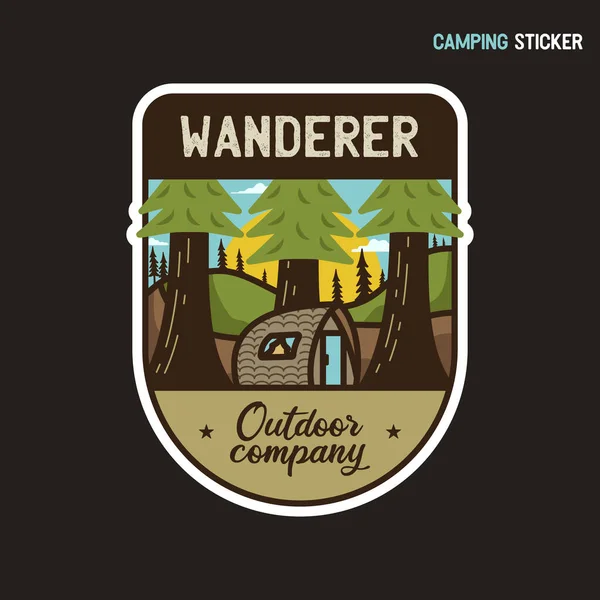 Autocollant camping aventure design. Emblème de logo dessiné à la main. Illustration de l'étiquette Wanderer. Graphiques vectoriels de stock — Image vectorielle