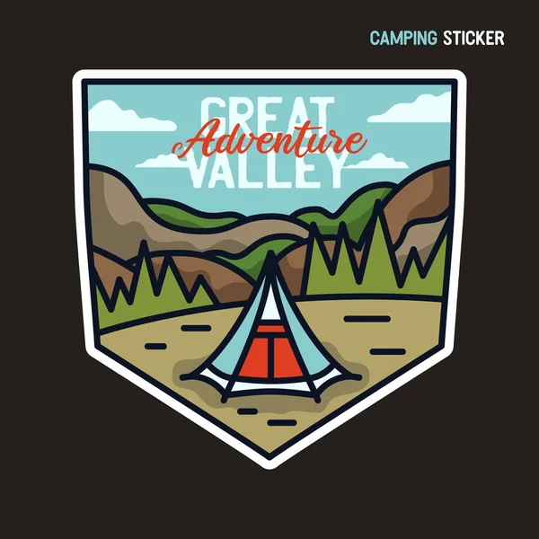 Great valley adventure sticker design. Travel hand drawn logo emblem. Camping label illustration. Stock vector graphics — Stock Vector