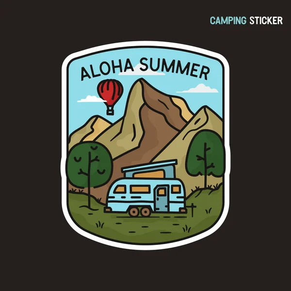 Camping adventure sticker design. Travel hand drawn logo emblem. State park label isolated. Stock vector Aloha summer graphics — Stock Vector