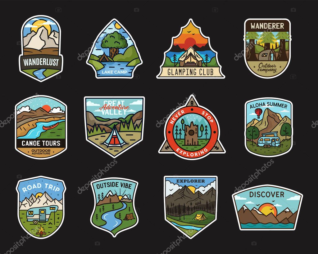 Camping adventure stickers design bundle. Travel hand drawn emblems. Mountain outdoors labels collection. Stock vector explorer badges set.