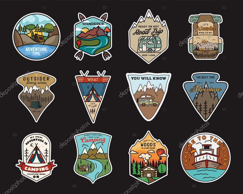 Camping adventure stickers design bundle. Travel hand drawn emblems. Mountain outdoor labels collection. Stock vector hiking badges set.