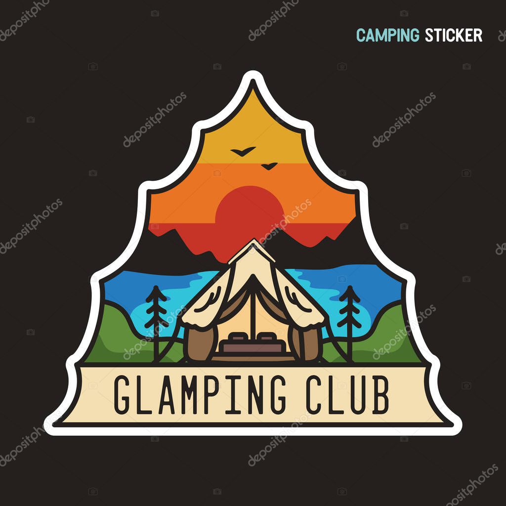 Camping adventure sticker design. Travel hand drawn logo emblem. State park label isolated. Stock vector glamping graphics.