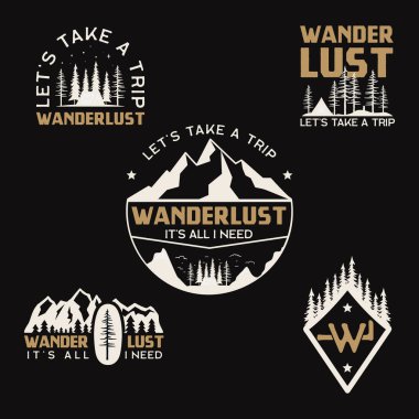 Eski kamp logoları, dağ rozetleri. El yapımı etiketler, tasarımlar. Seyahat gezisi, seyahat tutkusu ve sırt çantası. Açık hava yürüyüş amblemleri. Logot koleksiyonu. Stok vektörü.