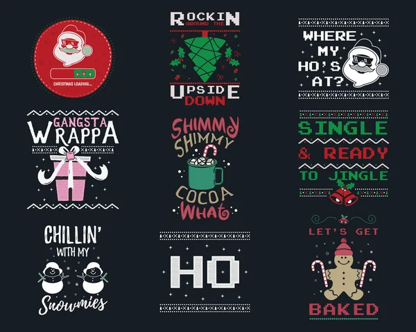 Komik Noel resimleri seti, çirkin süveter partileri için gömlek tasarımları. Noel ağacı, Noel Baba, zencefilli kurabiye yazıları ve süslemeleri olan bir bayram dekoru. Eğlenceli tipografi. Stok vektörü.