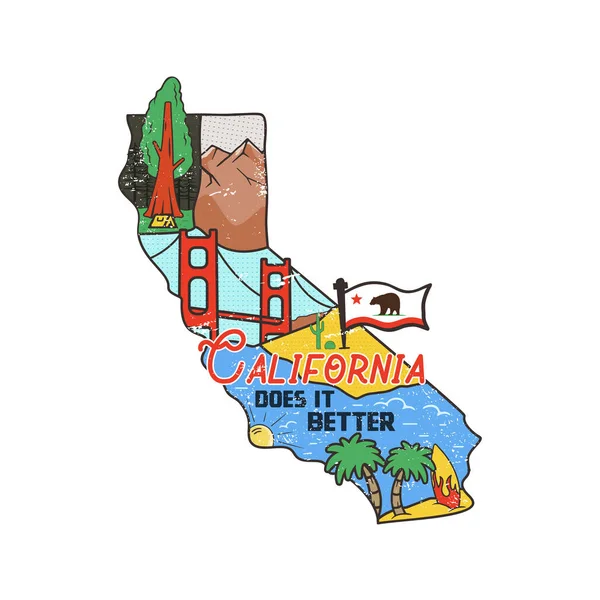 Vintage California Mappa Distintivo Con Attrazioni Turistiche Concetto Patch Stato — Vettoriale Stock