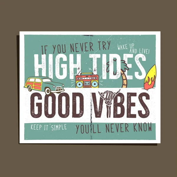 Vintage Summer Adventure Print Design Poster Shirt Poster High Tides — Stock Vector