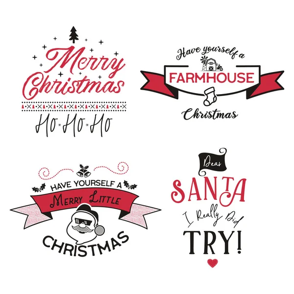 Funny Merry Christmas graphic prints set, t shirt designs for xmas party, cricuts. Holiday decor with xmas tree, santa, texts wishes and ornaments. Fun typography. Stock vector isolated on white — Stock Vector