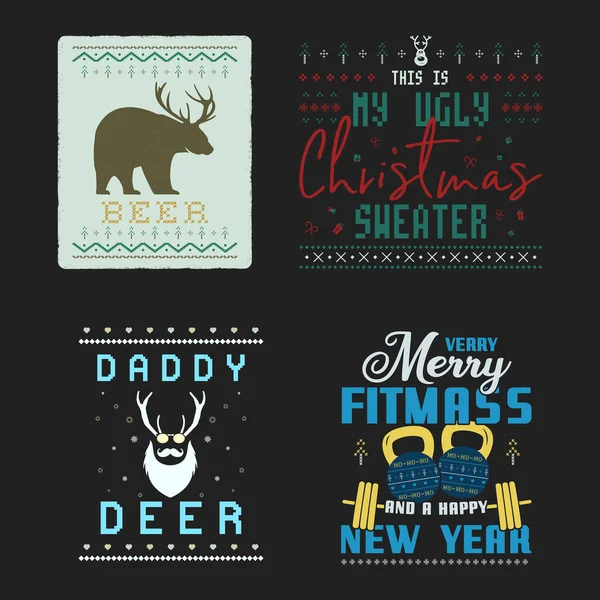 Divertente set di stampe grafiche natalizie, disegni di t shirt per la brutta festa di Natale del maglione. Arredo vacanza con albero di Natale, orso, attrezzi fitness testi e ornamenti. Divertente tipografia. Vettore di stock — Vettoriale Stock