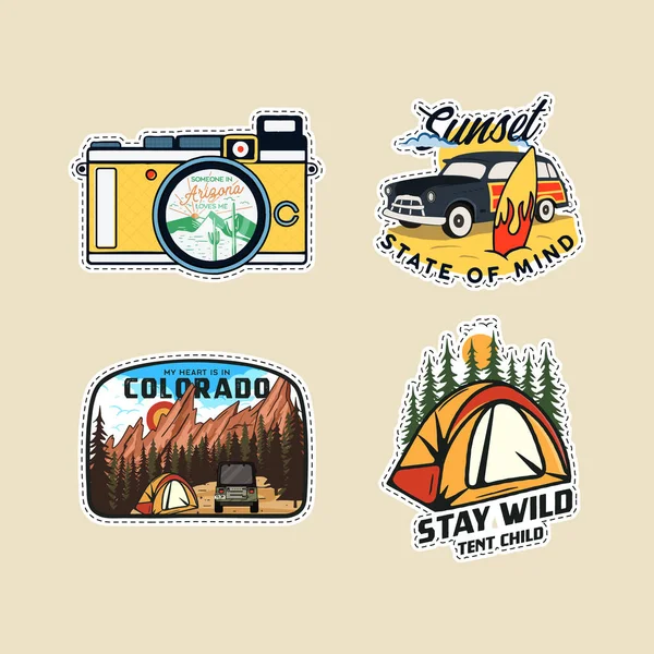 Vintage camp patches logos, mountain badges set. Hand drawn stickers  designs bundle. Travel expedition, backpacking labels. Outdoor hiking  emblems. Logotypes collection. Stock vector., Stock vector