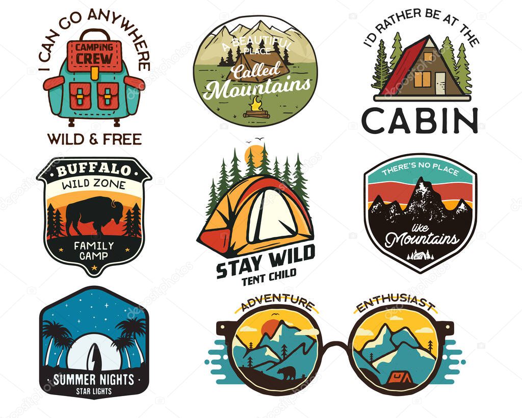 Vintage camp logos, mountain badges set. Hand drawn labels designs. Travel expedition, backpacking, surfing. Outdoor hiking emblems. Logotypes collection. Stock vector isolated on white