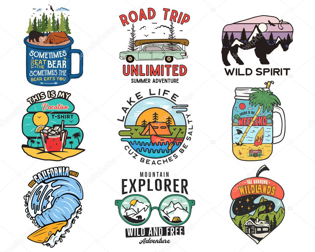 Vintage travel logos, vacation patches set. Hand drawn camping labels designs. Mountain expedition, road trip, surfing. Outdoor hiking emblems. Logotypes collection. Stock vector isolated on white