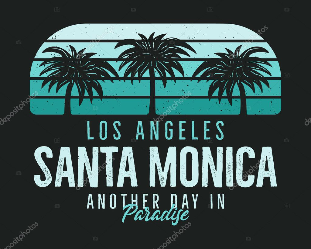 Santa Monica Beach Graphic for T-Shirt, prints. Vintage Los Angeles hand drawn 90s style emblem. Retro summer travel paradise scene, unusual badge. Surfing Adventure Label. Stock vector