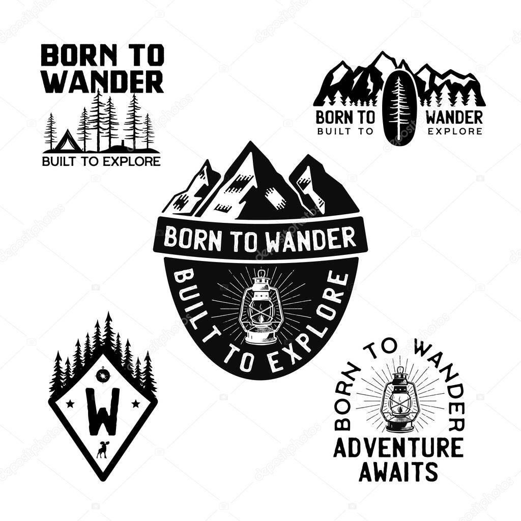 Vintage camp logos, mountain badges set. Hand drawn travel expedition, wanderlust labels designs. Born to Wander Built to Explore. Outdoor hiking emblems. Logotypes collection. Stock vector isolated.